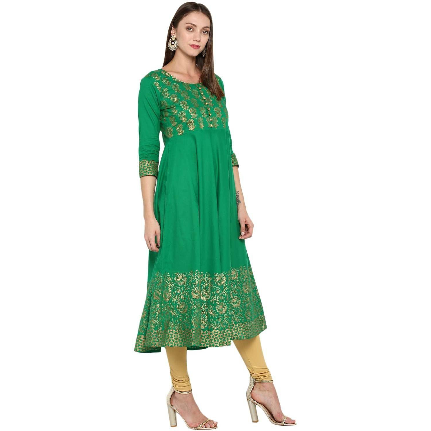 NOZ2TOZ Women Printed A-line Kurta (Green) (Size XXL, Color Green)