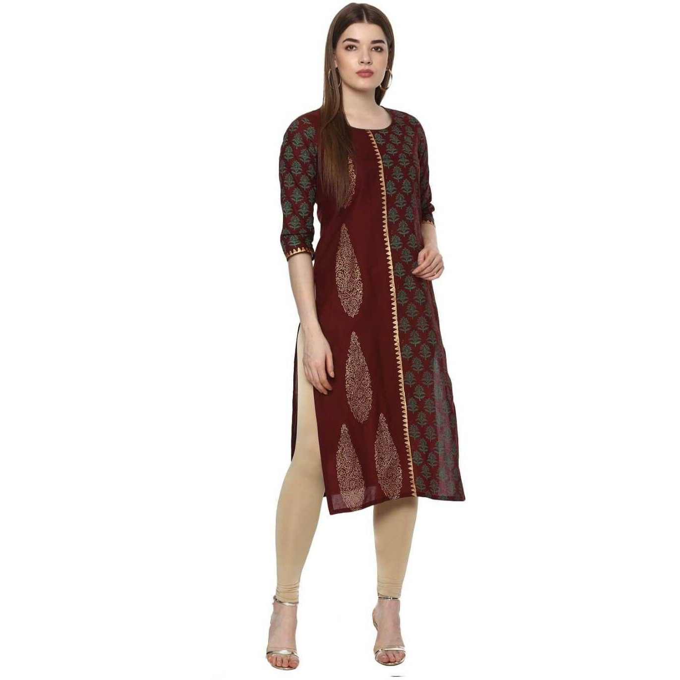 NOZ2TOZ Women Printed Straight Kurta (Maroon) (Size L, Color Maroon)