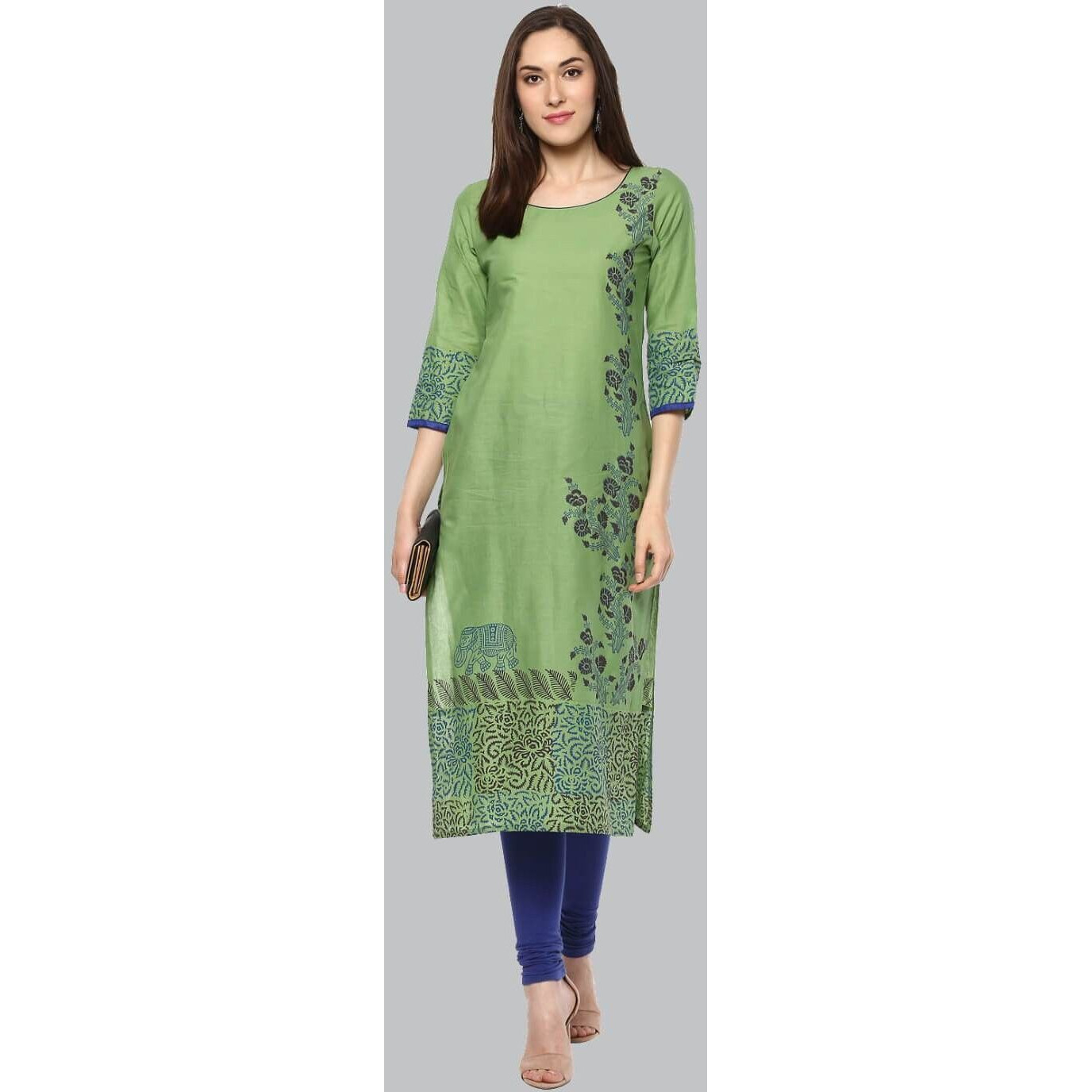 NOZ2TOZ Women Printed Straight Kurta (Green) (Size L, Color Green)