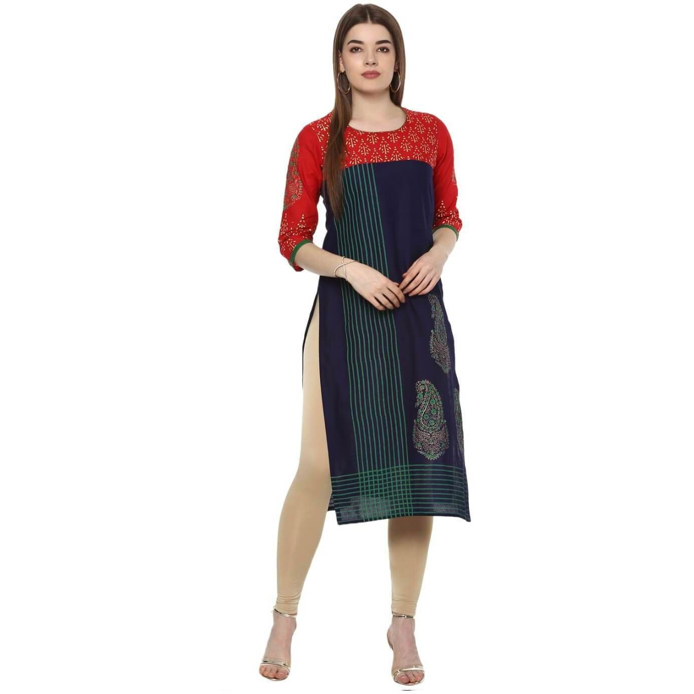 NOZ2TOZ Women Striped Straight Kurta (Multicolor) (Size L, Color Multicolor)