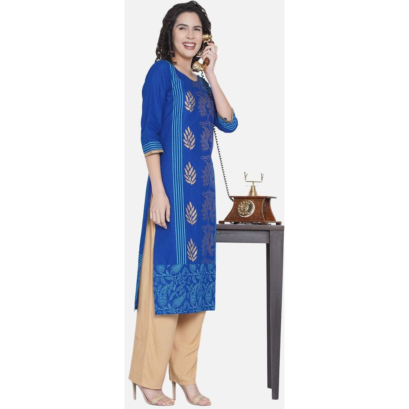 NOZ2TOZ Women Printed Straight Kurta (Blue) (Size S, Color Blue)