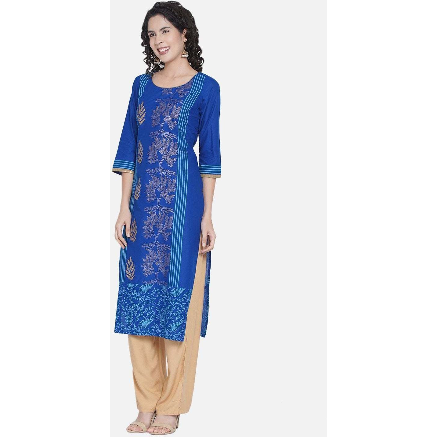 NOZ2TOZ Women Printed Straight Kurta (Blue) (Size L, Color Blue)