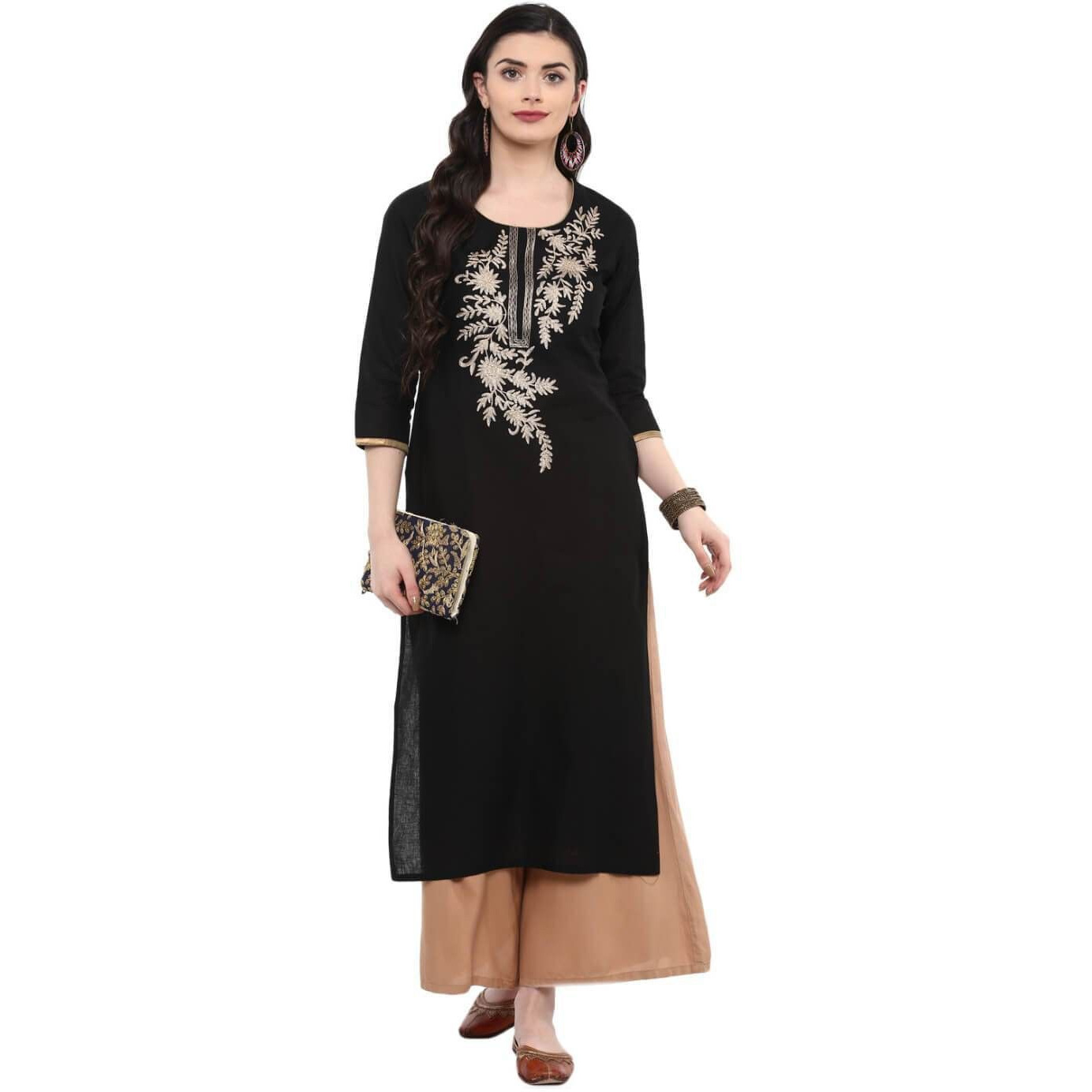 NOZ2TOZ Women Embroidered Straight Kurta (Black) (Size L, Color Black)