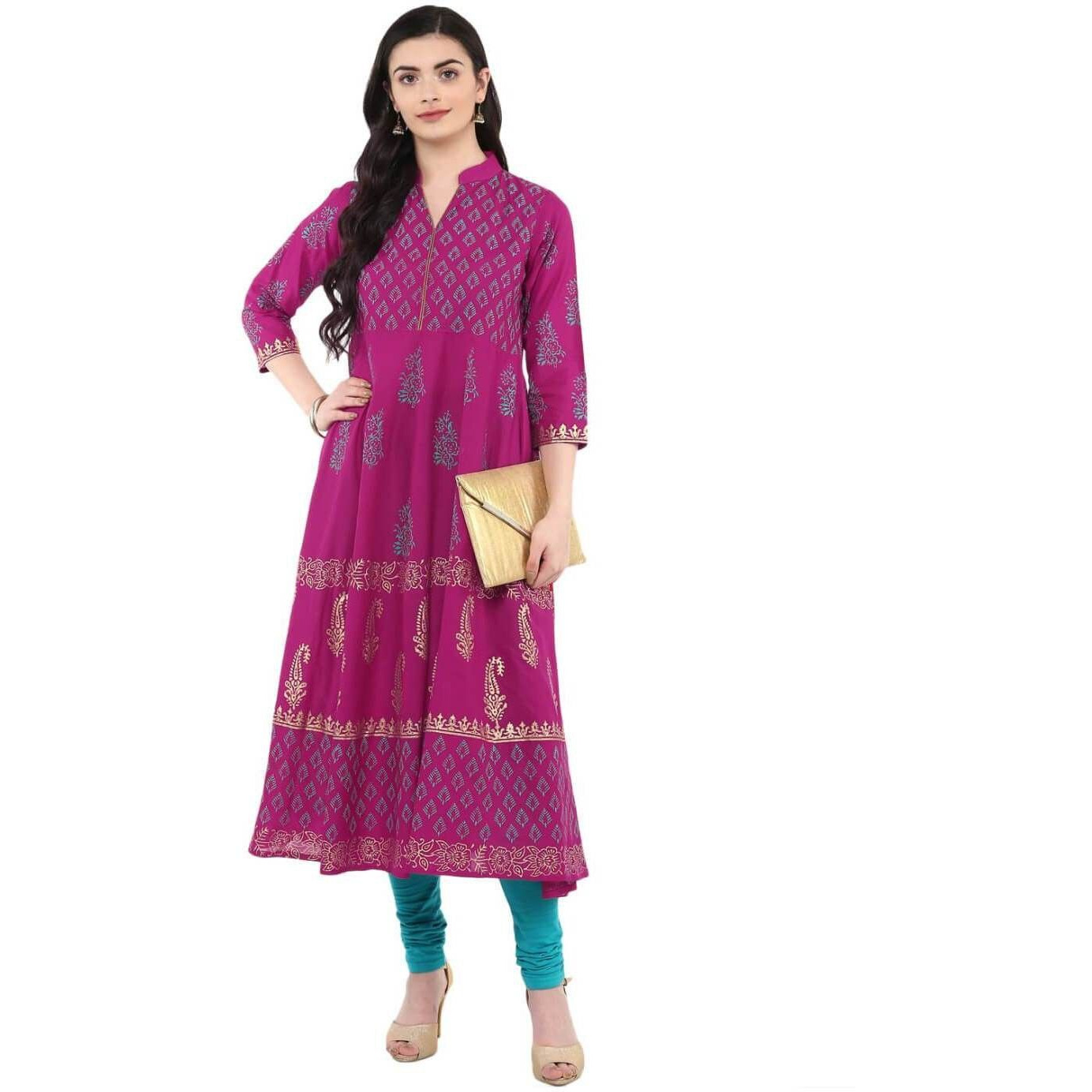 NOZ2TOZ Women Printed Anarkali Kurta (Purple)