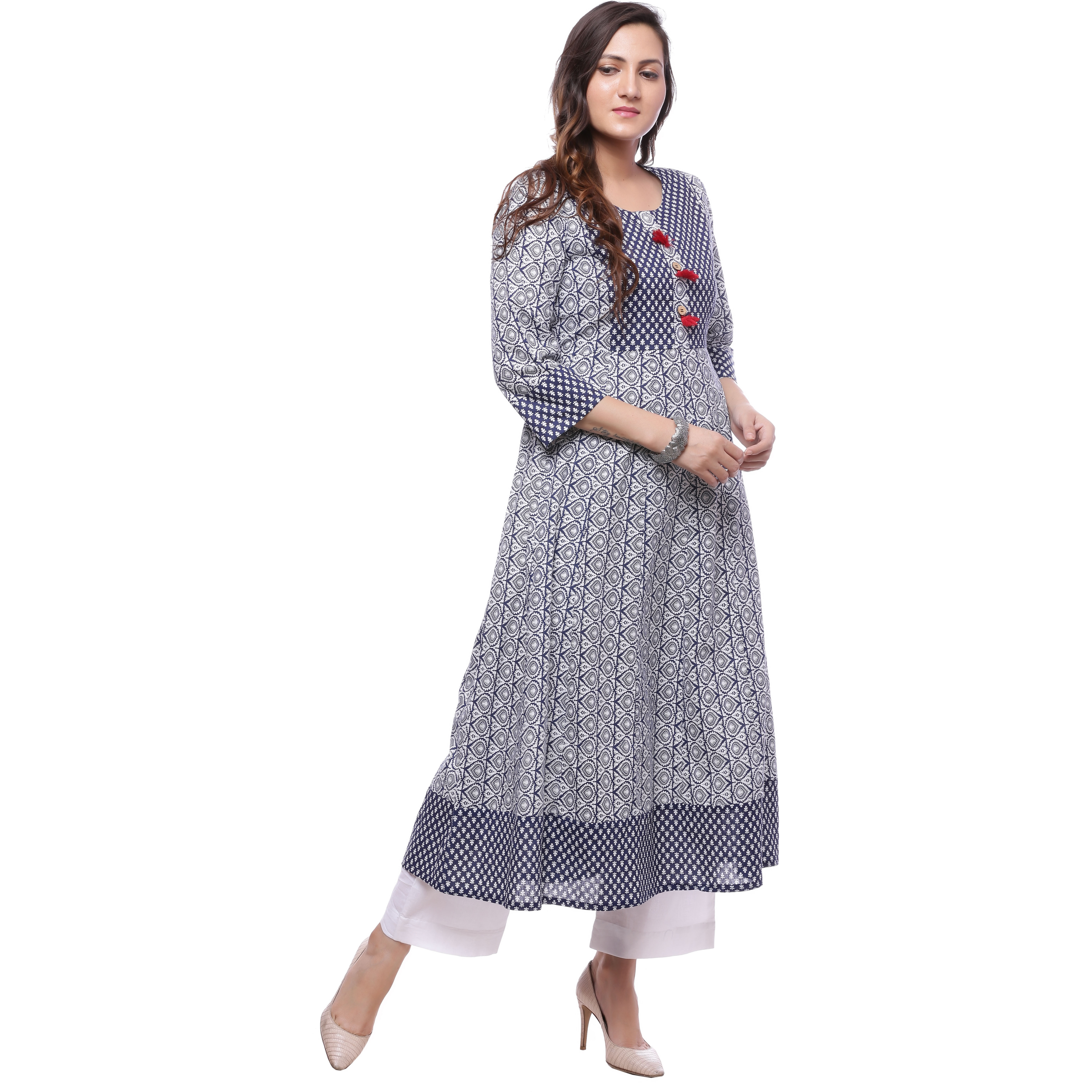 Ayan Blue::White Three Quarter Festive & Party Wear Anarkali Kurta for Girls (Size:3XL)