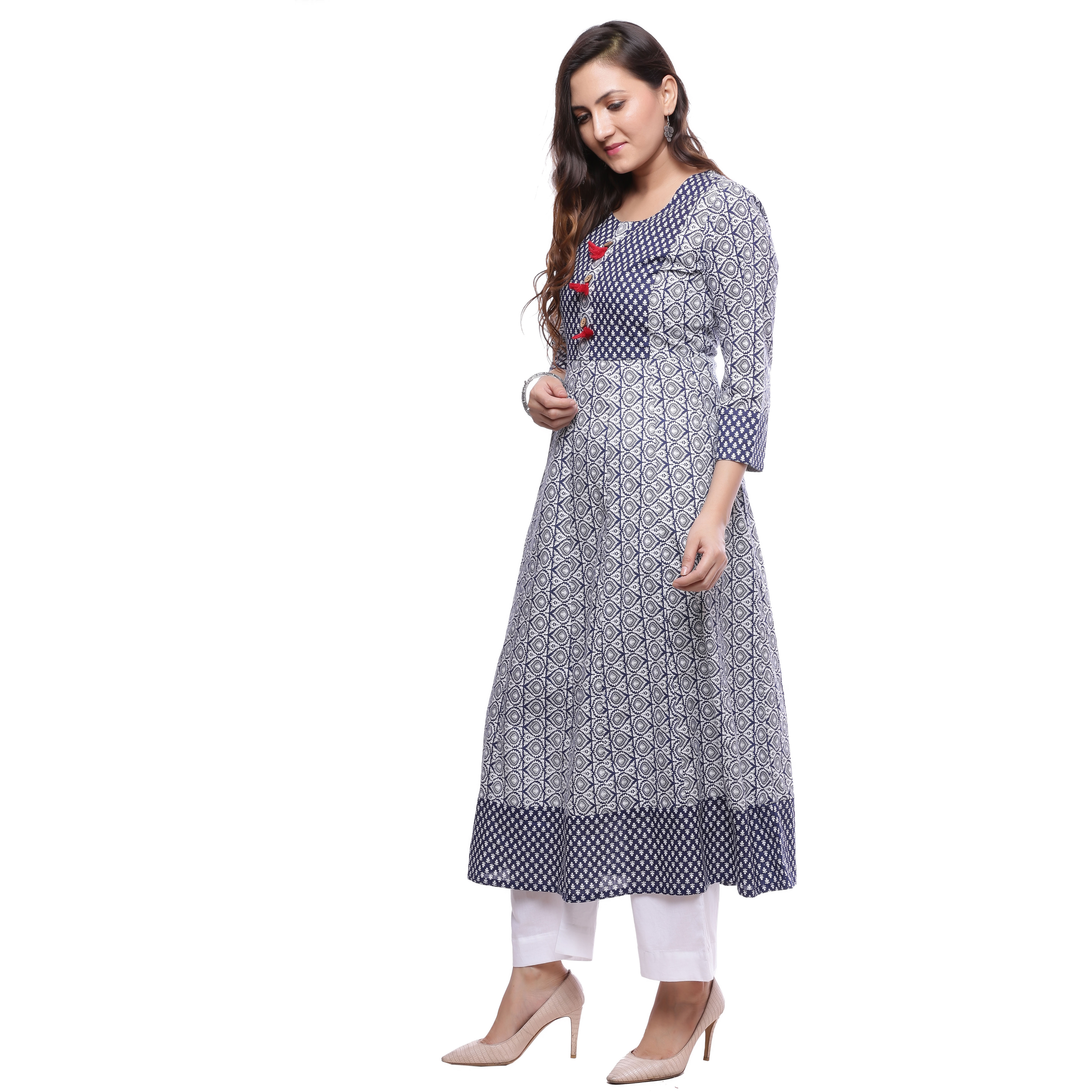 Ayan Blue::White Three Quarter Festive & Party Wear Anarkali Kurta for Girls (Size:3XL)