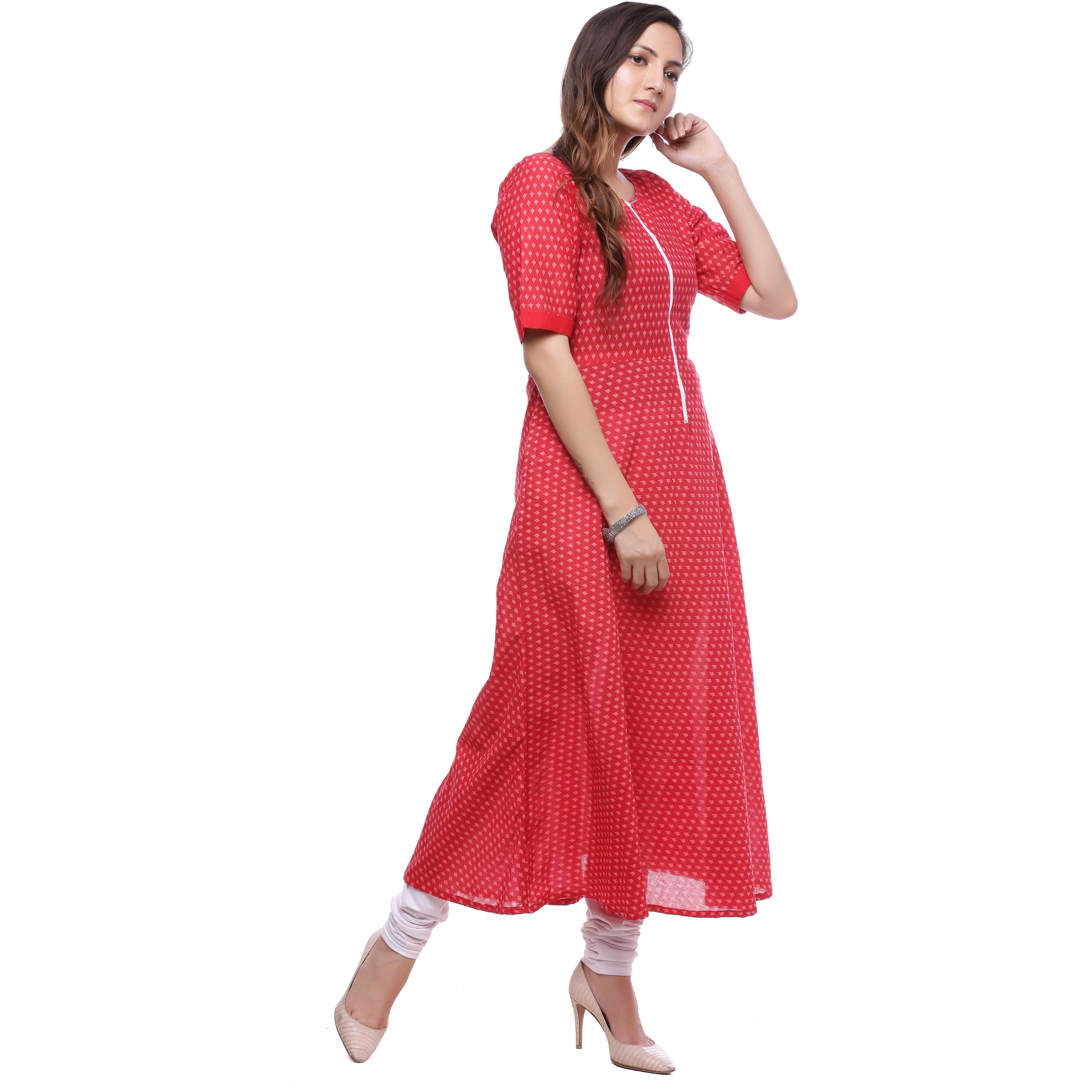 Ayan Red::White Three Quarter Festive & Party Wear Anarkali Kurta for Girls (Size:S)