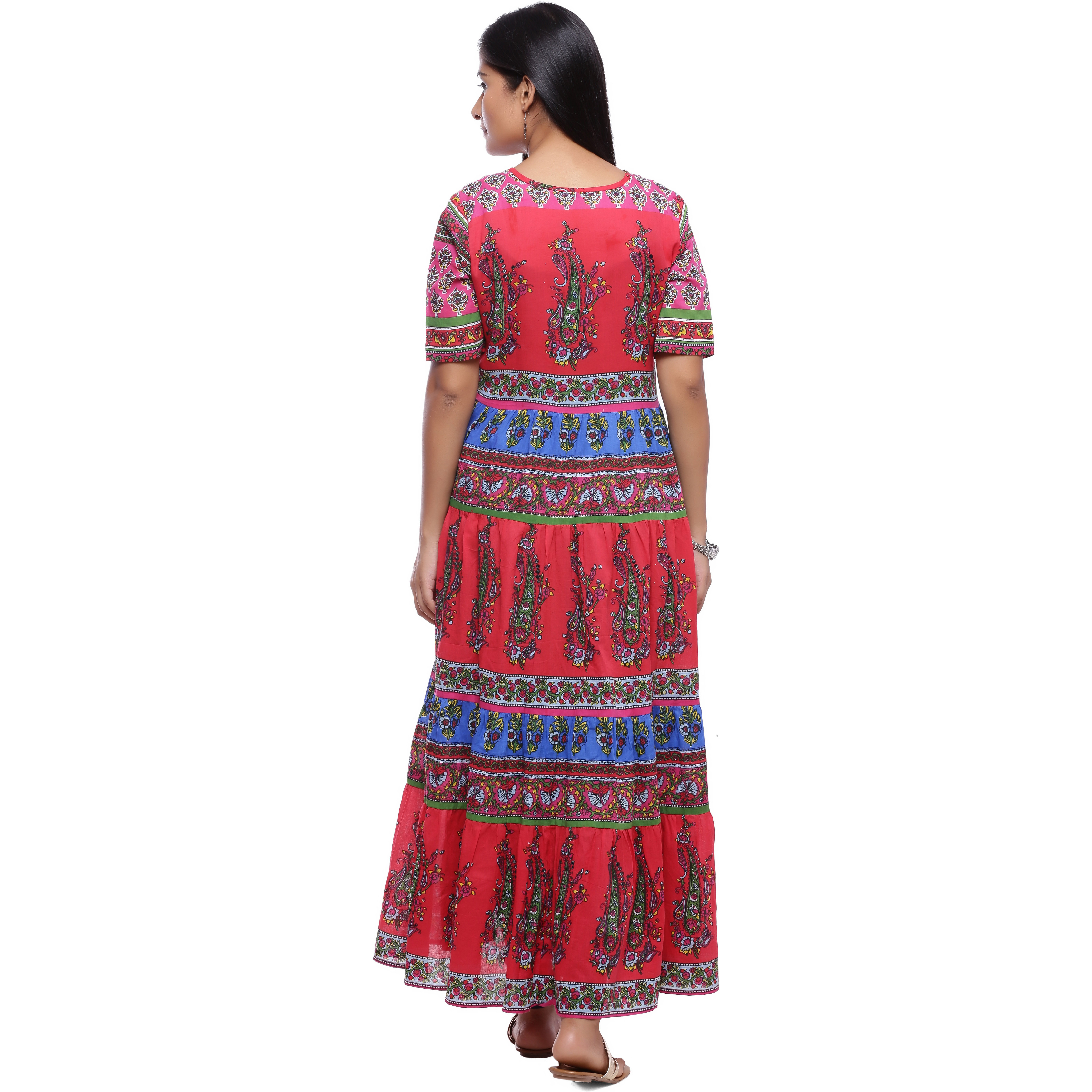 Ayan Red::Blue Three Quarter Festive & Party Wear Tiered Kurta for Girls (Size:S)