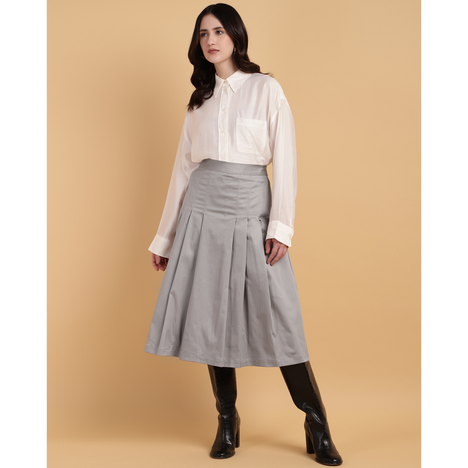 Black Pleated A-Line Calf-Length Skirt with Check Fabric (Size XS, Color Black)