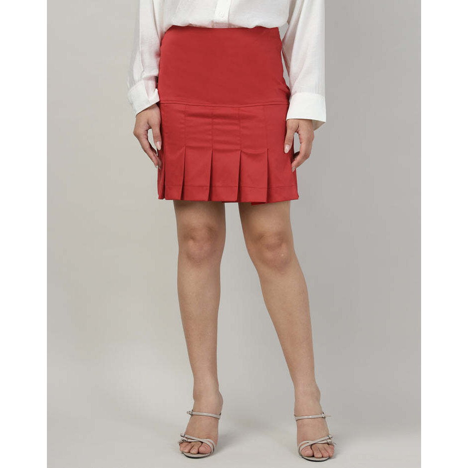 Womens Red Plain Pleated Mini Skirt