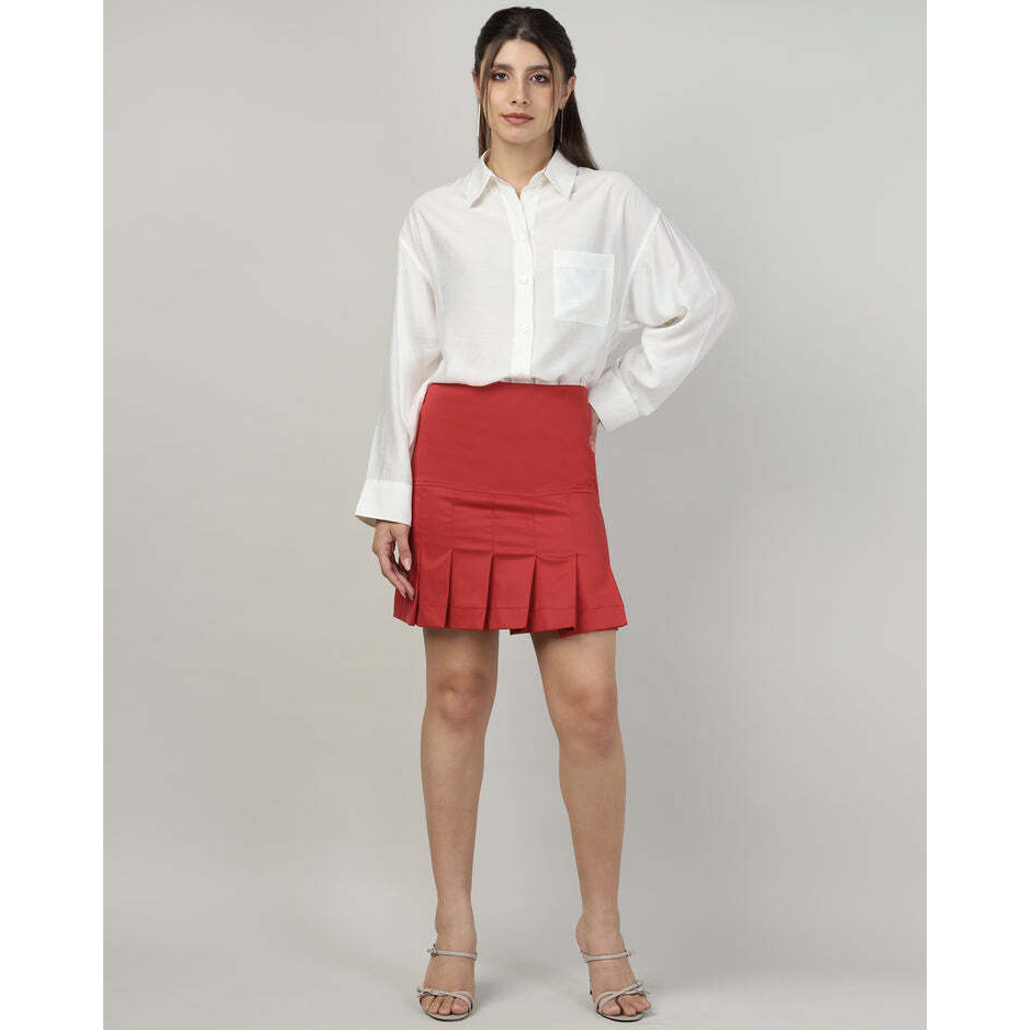 Womens Red Plain Pleated Mini Skirt