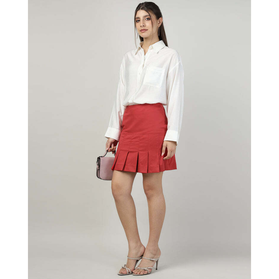 Womens Red Plain Pleated Mini Skirt