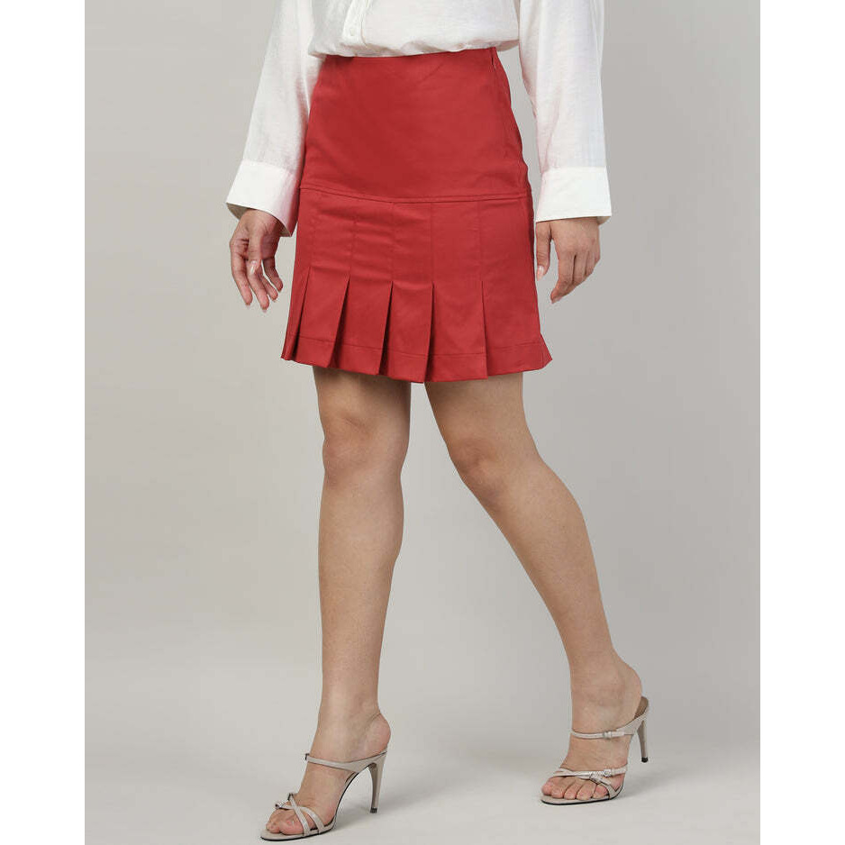 Womens Red Plain Pleated Mini Skirt