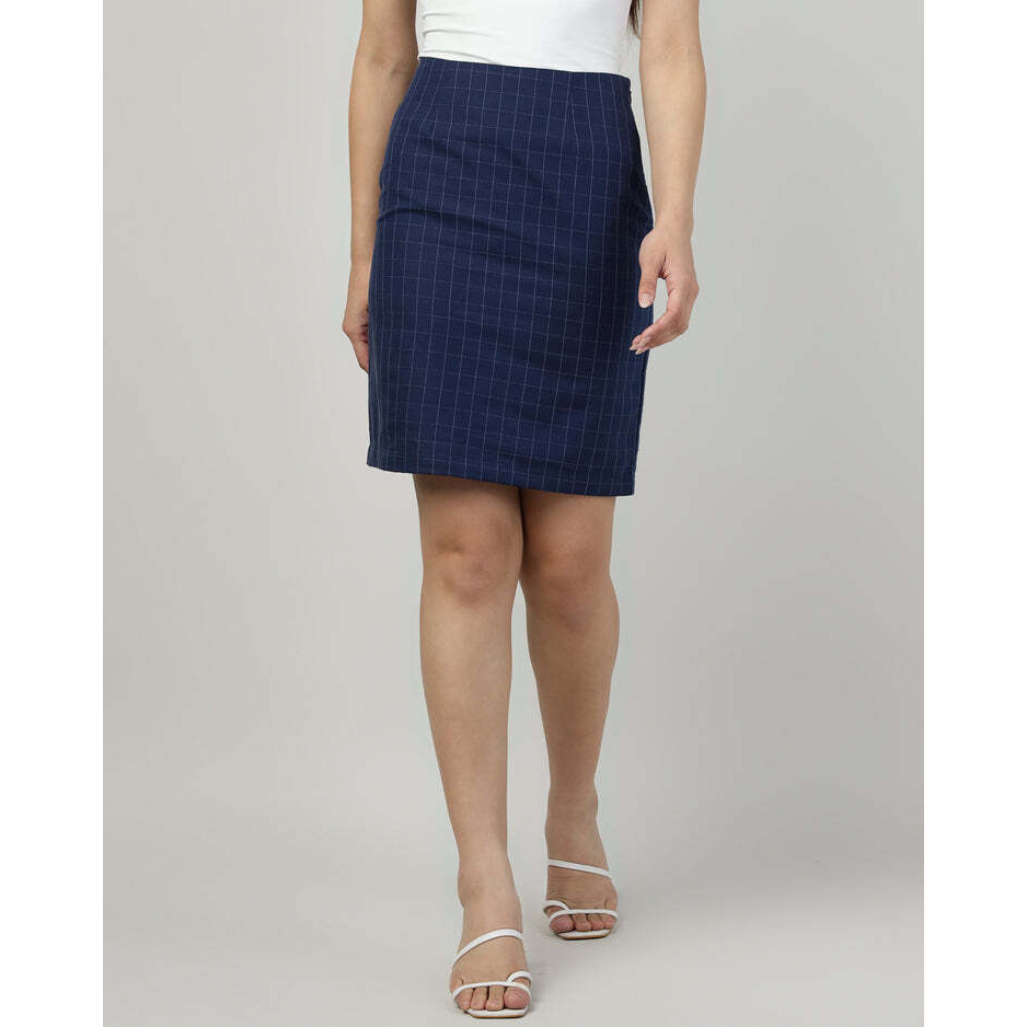 Womens Midi Check A-Line Navy Blue Skirt