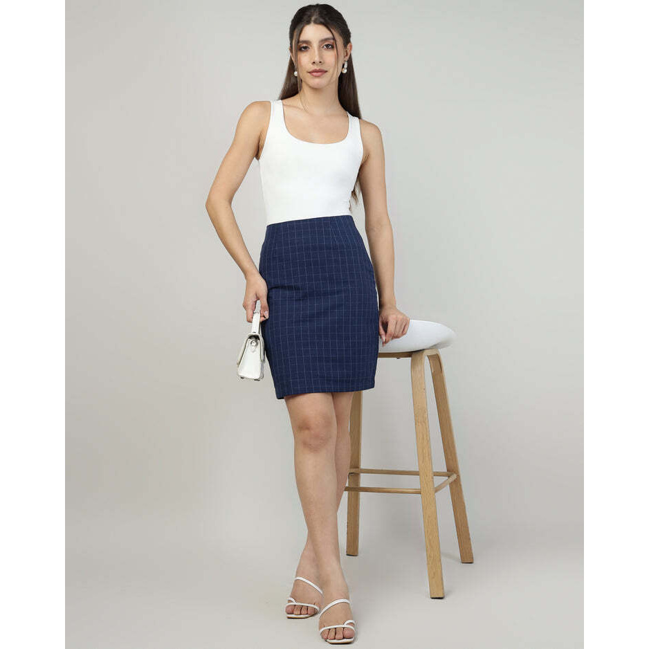 Womens Midi Check A-Line Navy Blue Skirt
