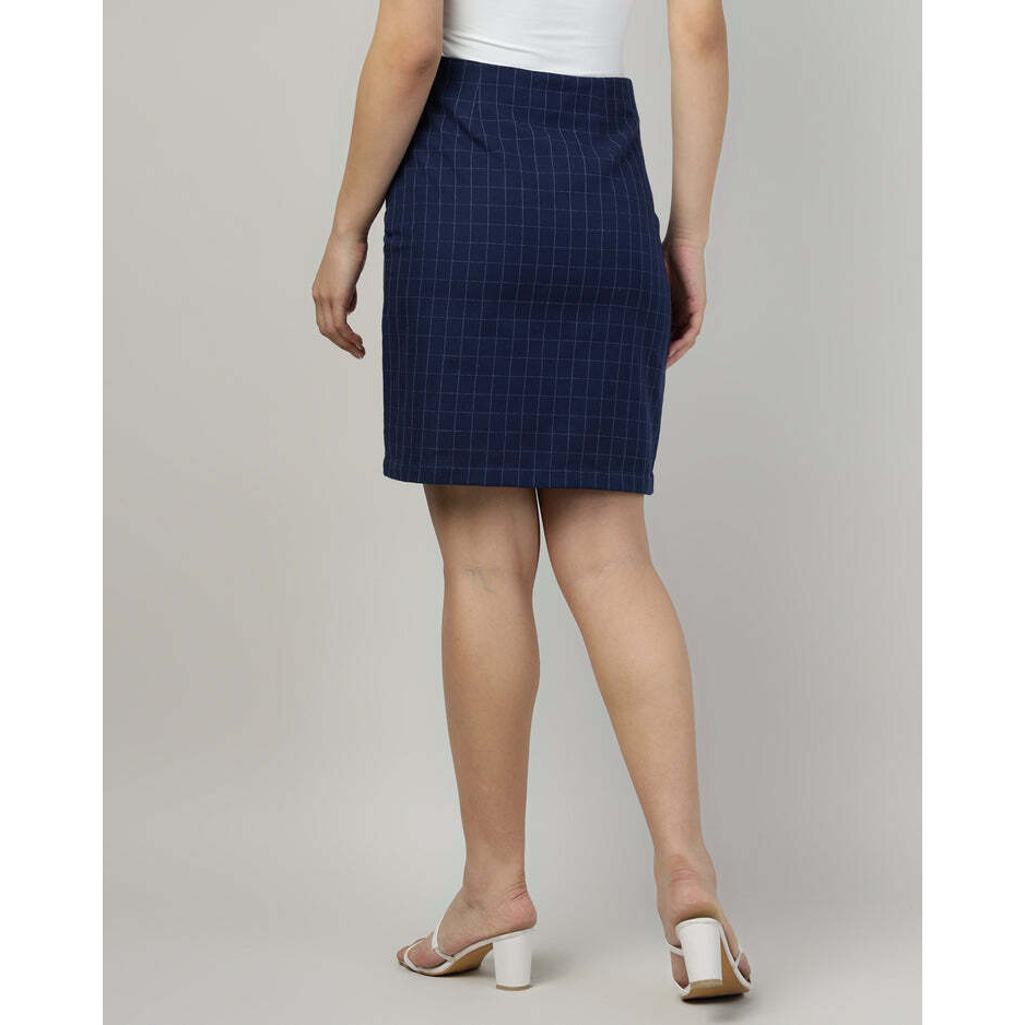 Womens Midi Check A-Line Navy Blue Skirt