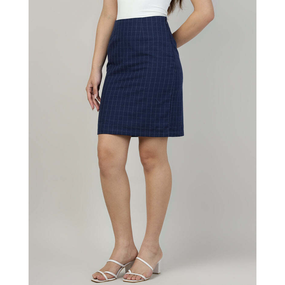 Womens Midi Check A-Line Navy Blue Skirt