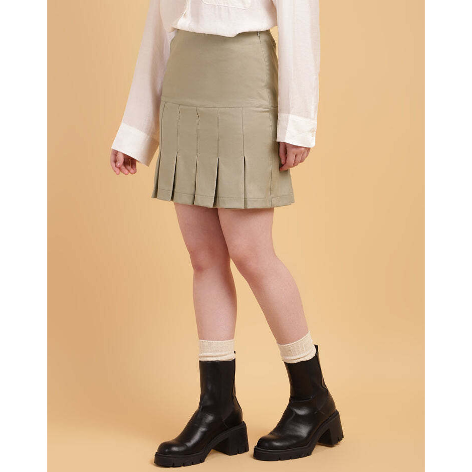 Beige High-Waisted Pleated Mini Skirt