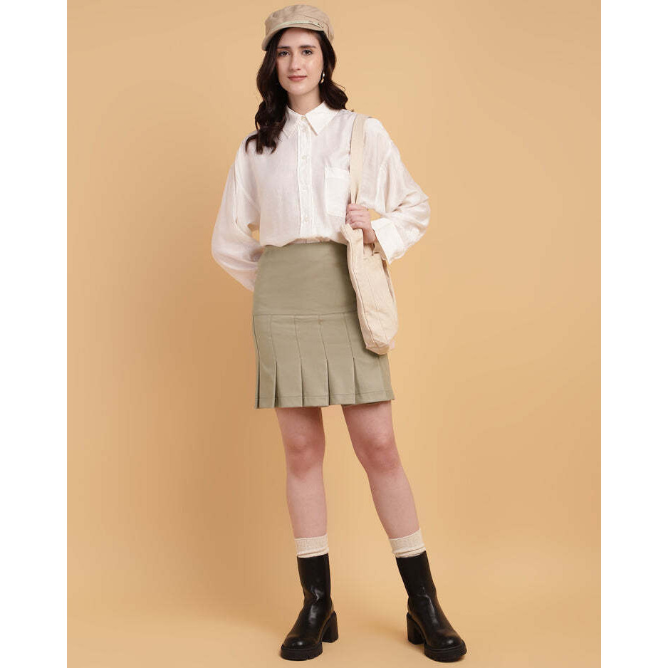 Beige High-Waisted Pleated Mini Skirt