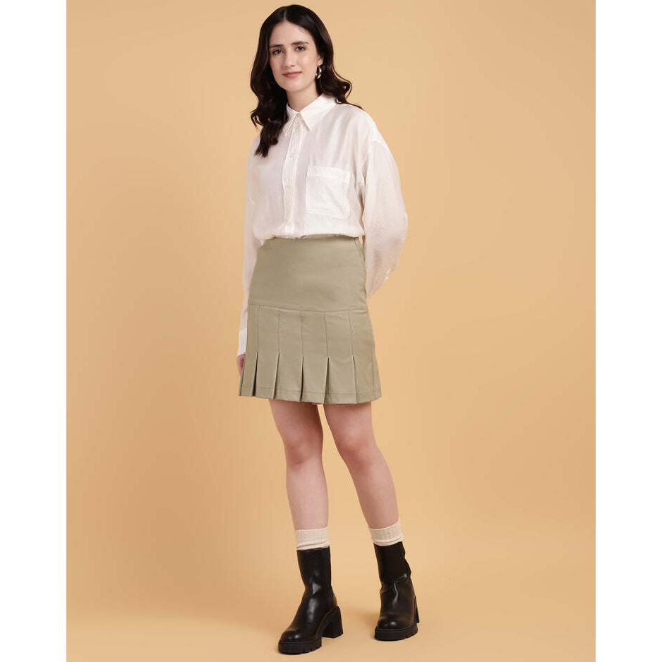 Beige High-Waisted Pleated Mini Skirt
