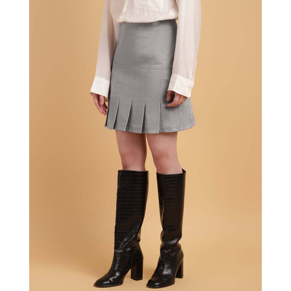 Grey High-Waisted Pleated Mini Skirt