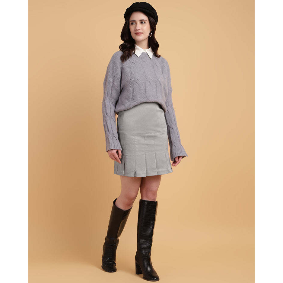 Grey High-Waisted Pleated Mini Skirt