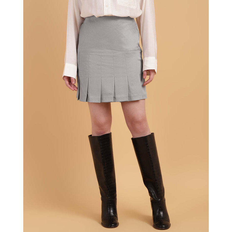 Grey High-Waisted Pleated Mini Skirt