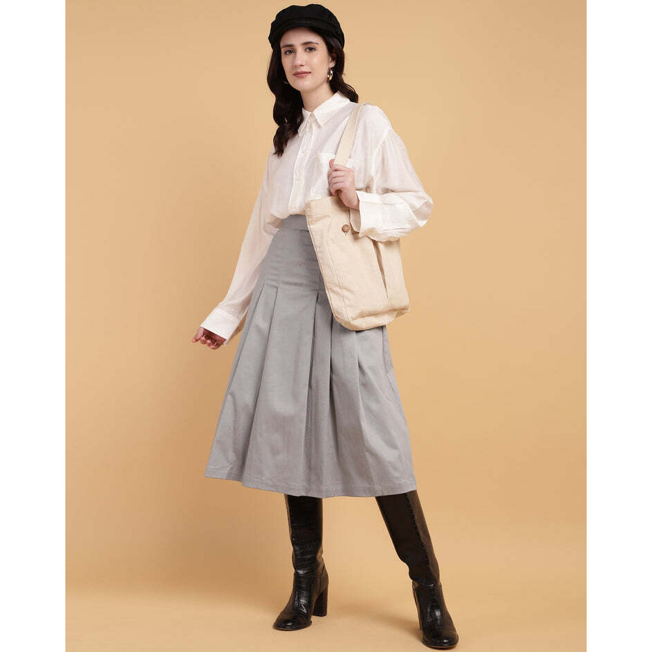 Grey Pleated A-Line Calf-Length Skirt with Check Fabric