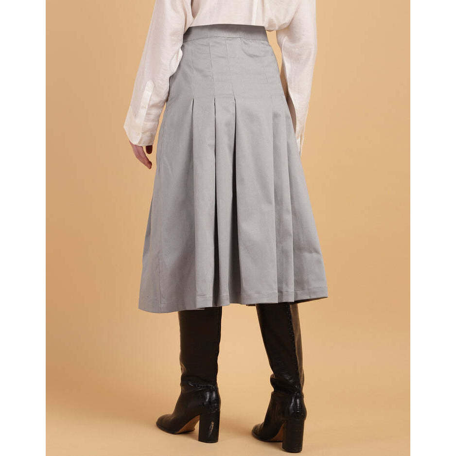 Grey Pleated A-Line Calf-Length Skirt with Check Fabric