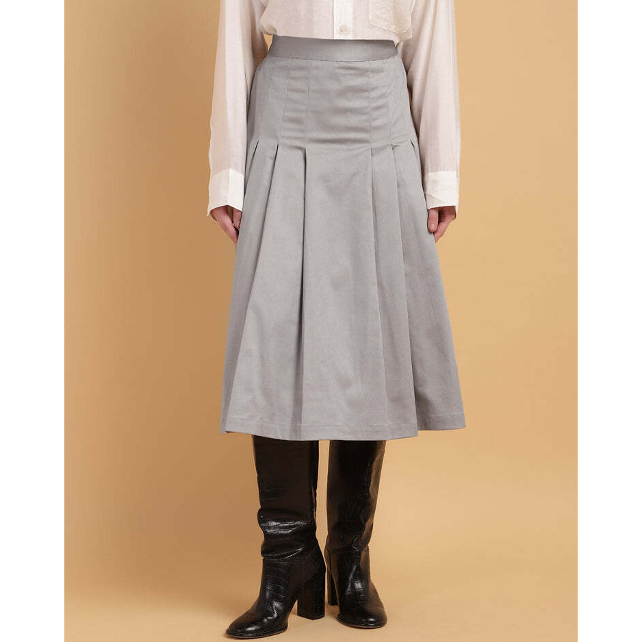 Grey Pleated A-Line Calf-Length Skirt with Check Fabric