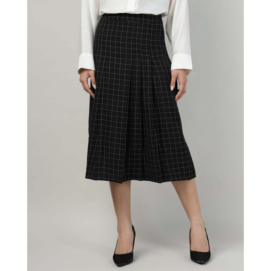 Black Pleated A-Line Calf-Length Skirt with Check Fabric