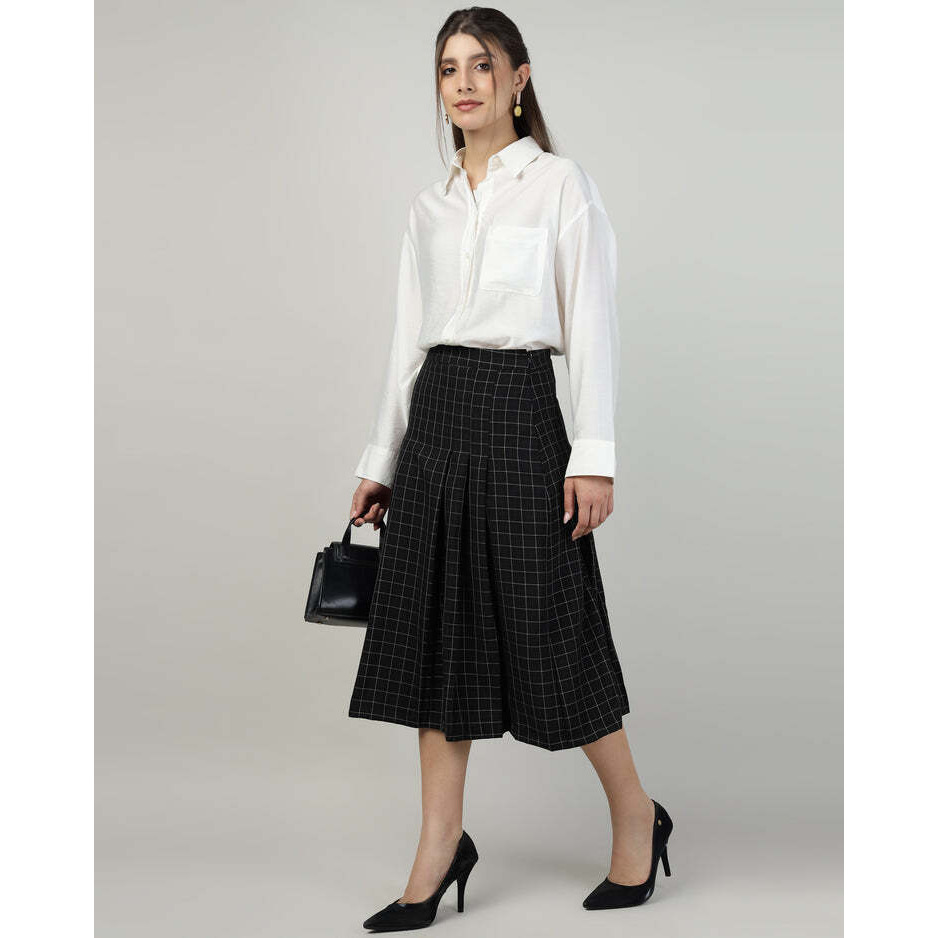 Black Pleated A-Line Calf-Length Skirt with Check Fabric
