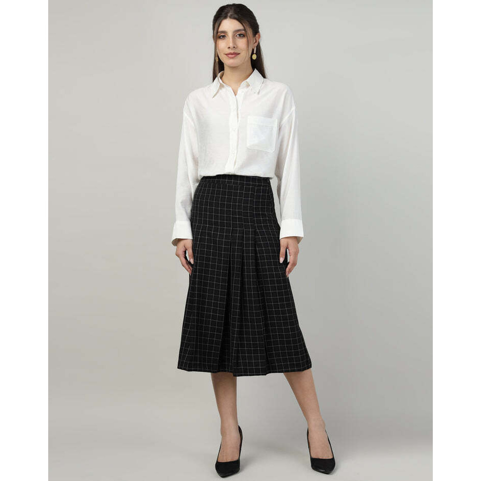Black Pleated A-Line Calf-Length Skirt with Check Fabric