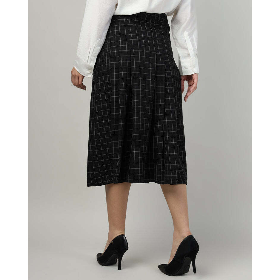 Black Pleated A-Line Calf-Length Skirt with Check Fabric