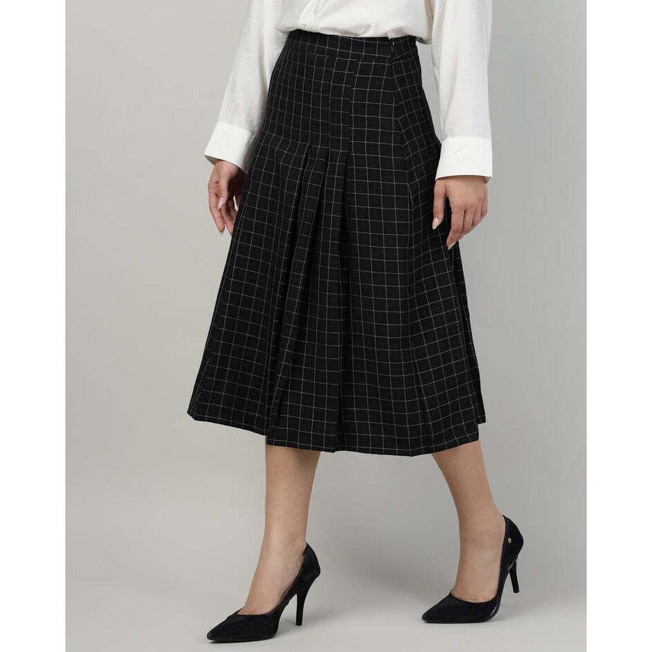 Black Pleated A-Line Calf-Length Skirt with Check Fabric