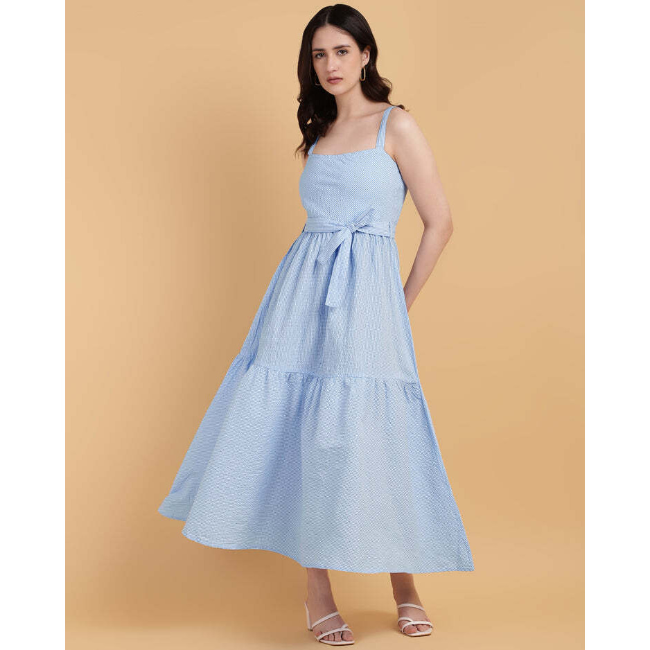 2 Tier Striped Textured Casual Tier Dress With Straps