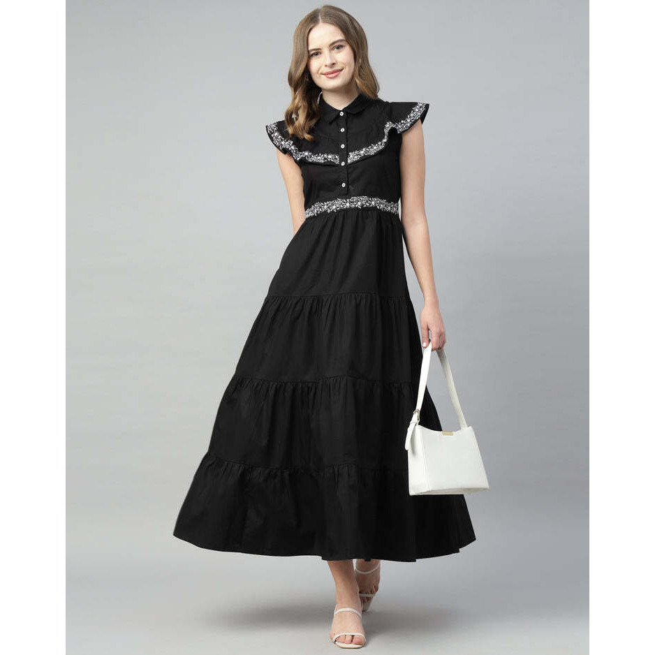 4 Tier Long Black Embroidered Dress