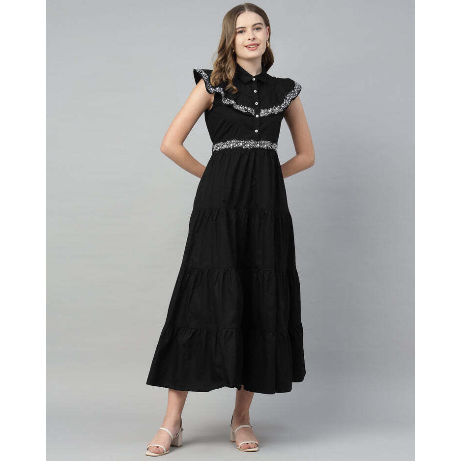 4 Tier Long Black Embroidered Dress