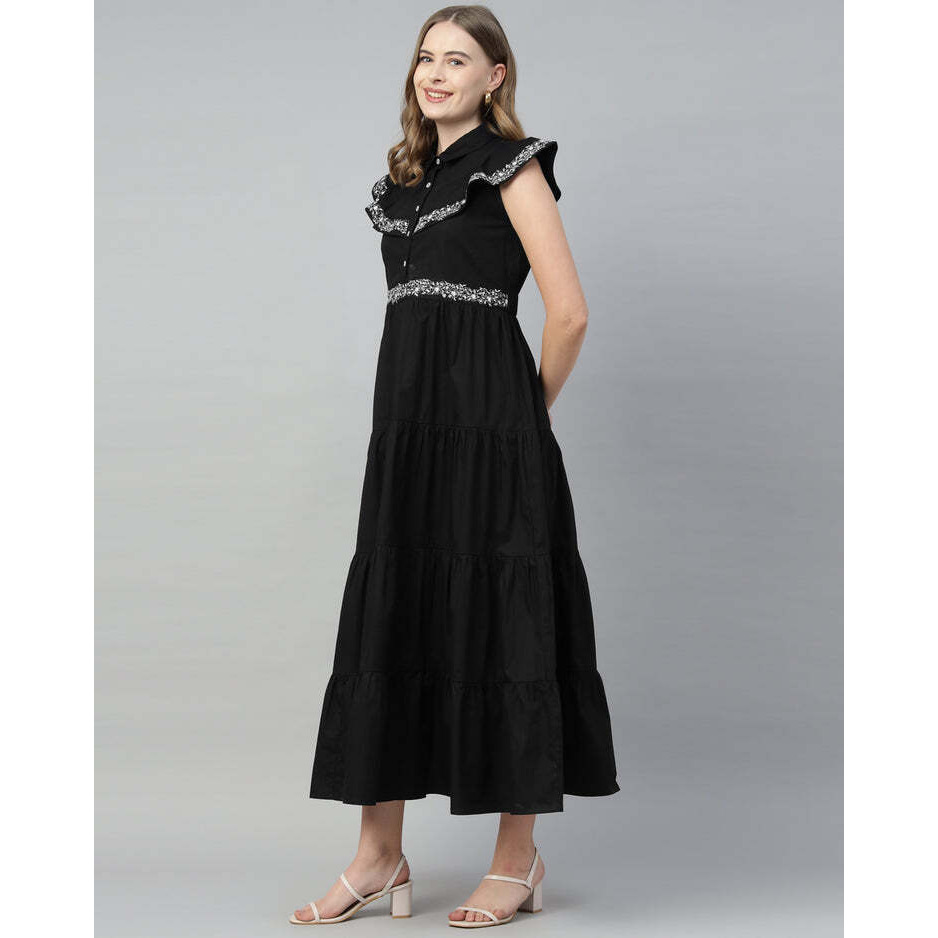 4 Tier Long Black Embroidered Dress