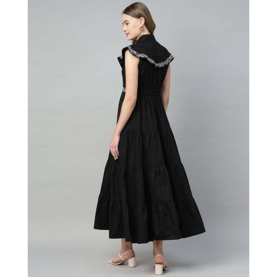 4 Tier Long Black Embroidered Dress