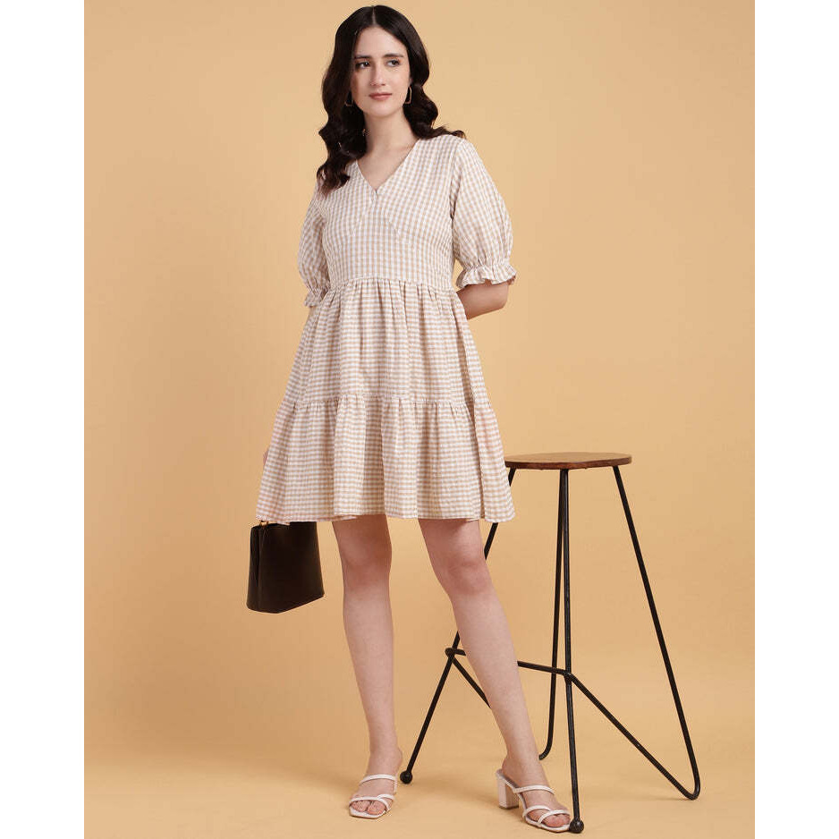 Beige Color 2 Tiered Casual Midi Dress