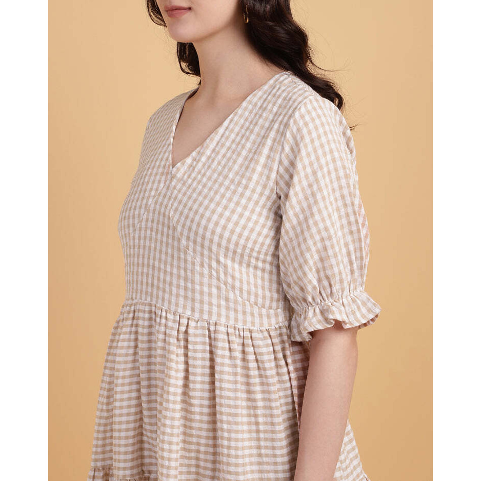 Beige Color 2 Tiered Casual Midi Dress