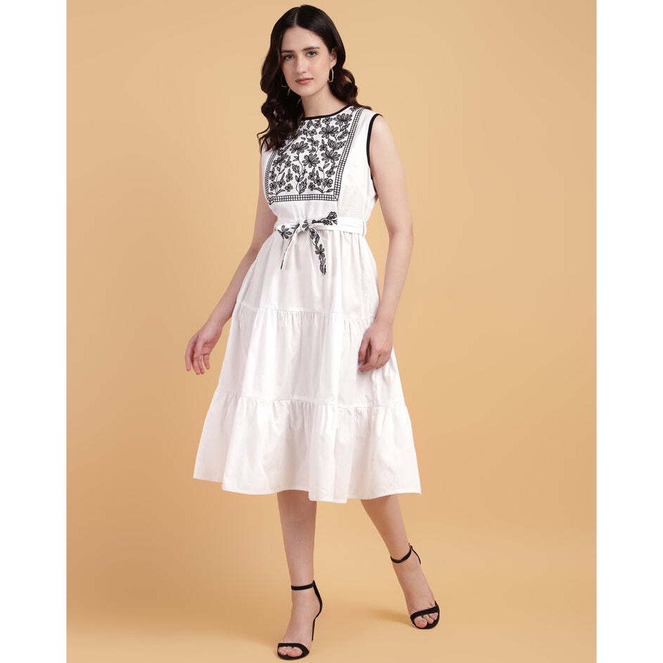 White Yoke Embroidered Poplin Midi Dress