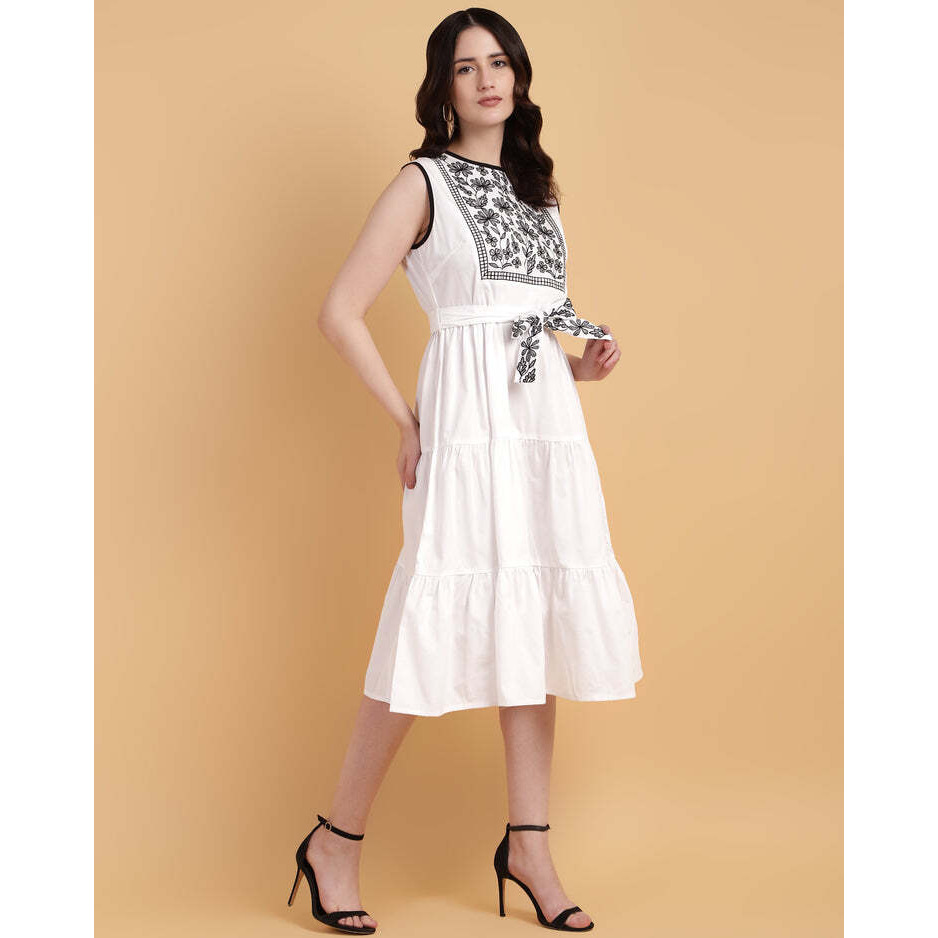 White Yoke Embroidered Poplin Midi Dress