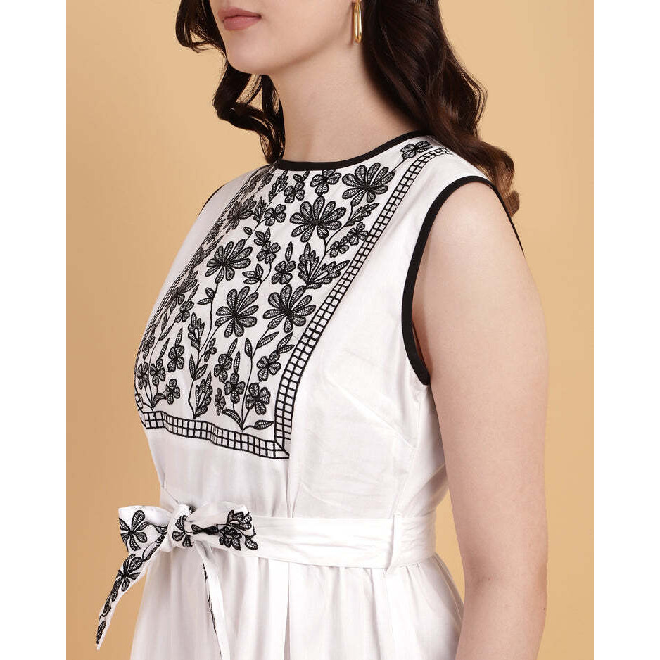White Yoke Embroidered Poplin Midi Dress