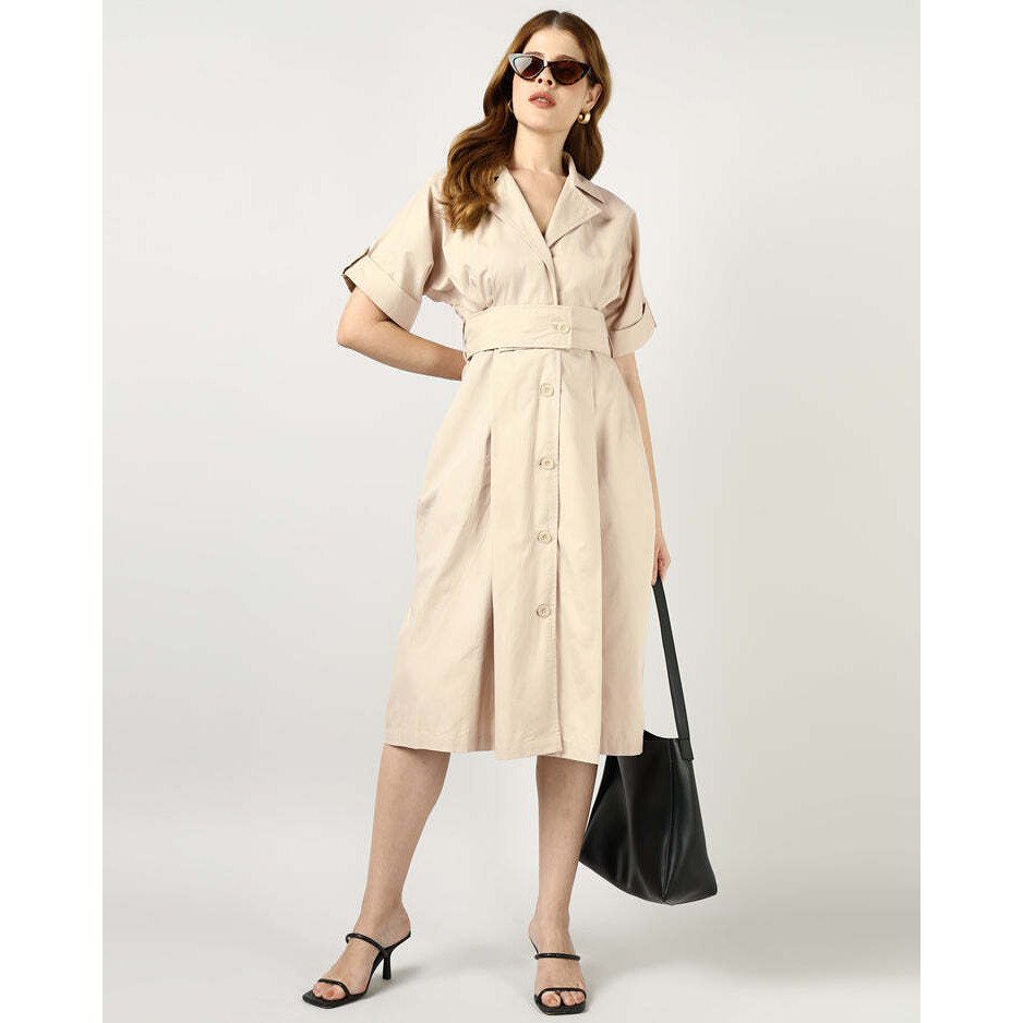 Beige Tailored Belted Midi Dress