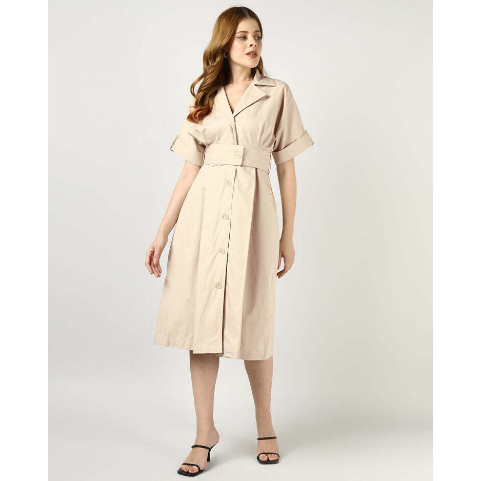 Beige Tailored Belted Midi Dress