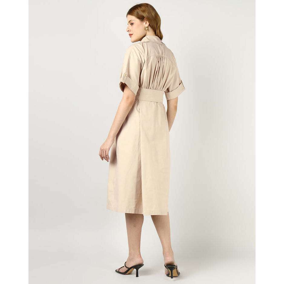 Beige Tailored Belted Midi Dress