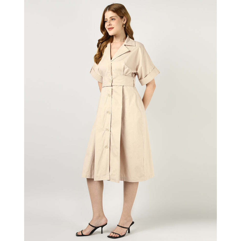 Beige Tailored Belted Midi Dress