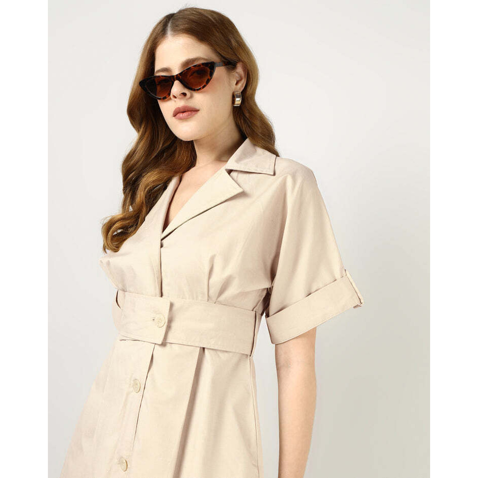 Beige Tailored Belted Midi Dress